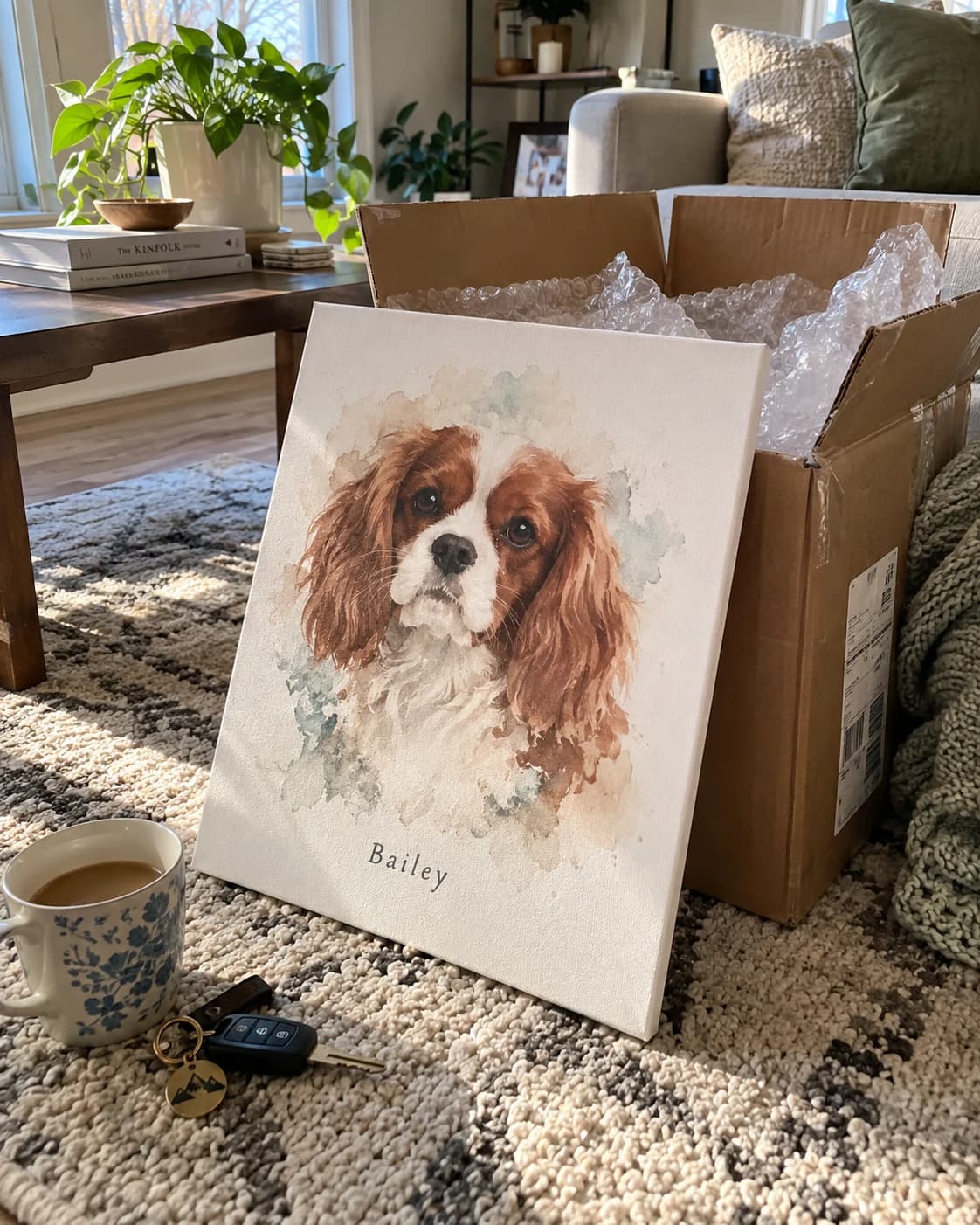 Verified customer unboxing custom watercolor memorial canvas of Bailey the Cavalier King Charles Spaniel