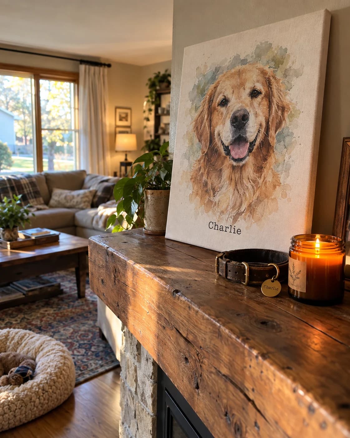 Golden Retriever Charlie memorial portrait on rustic mantel with collar and amber candle