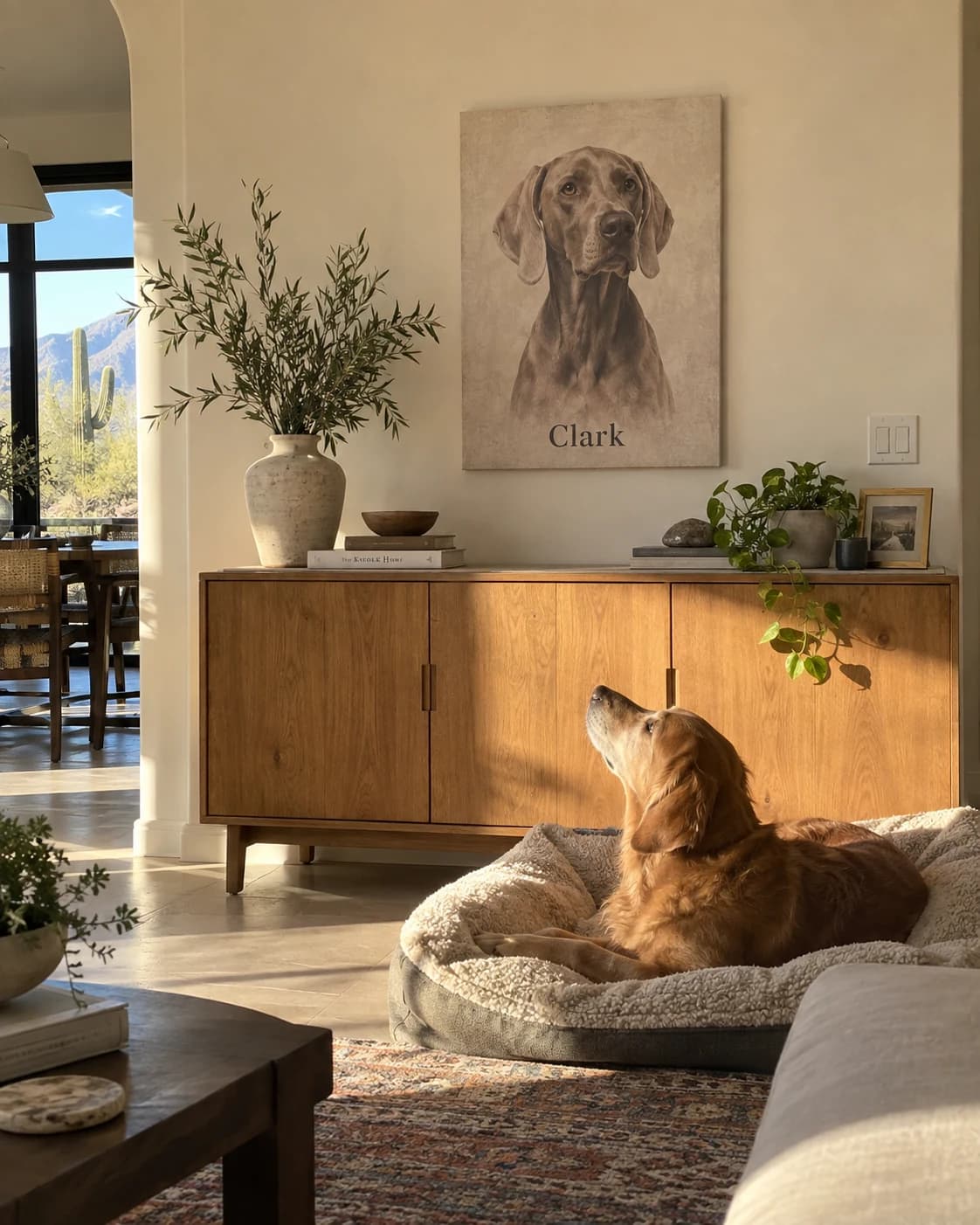 Custom Weimaraner Clark memorial canvas hanging above wooden console table in living room