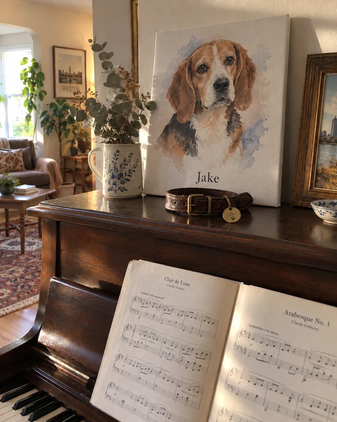 Beagle Jake memorial canvas on piano next to his leather collar