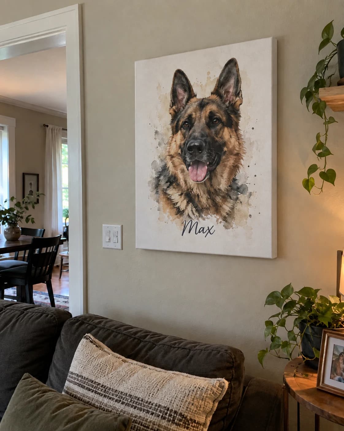 German Shepherd Max memorial canvas hanging on living room wall above sofa